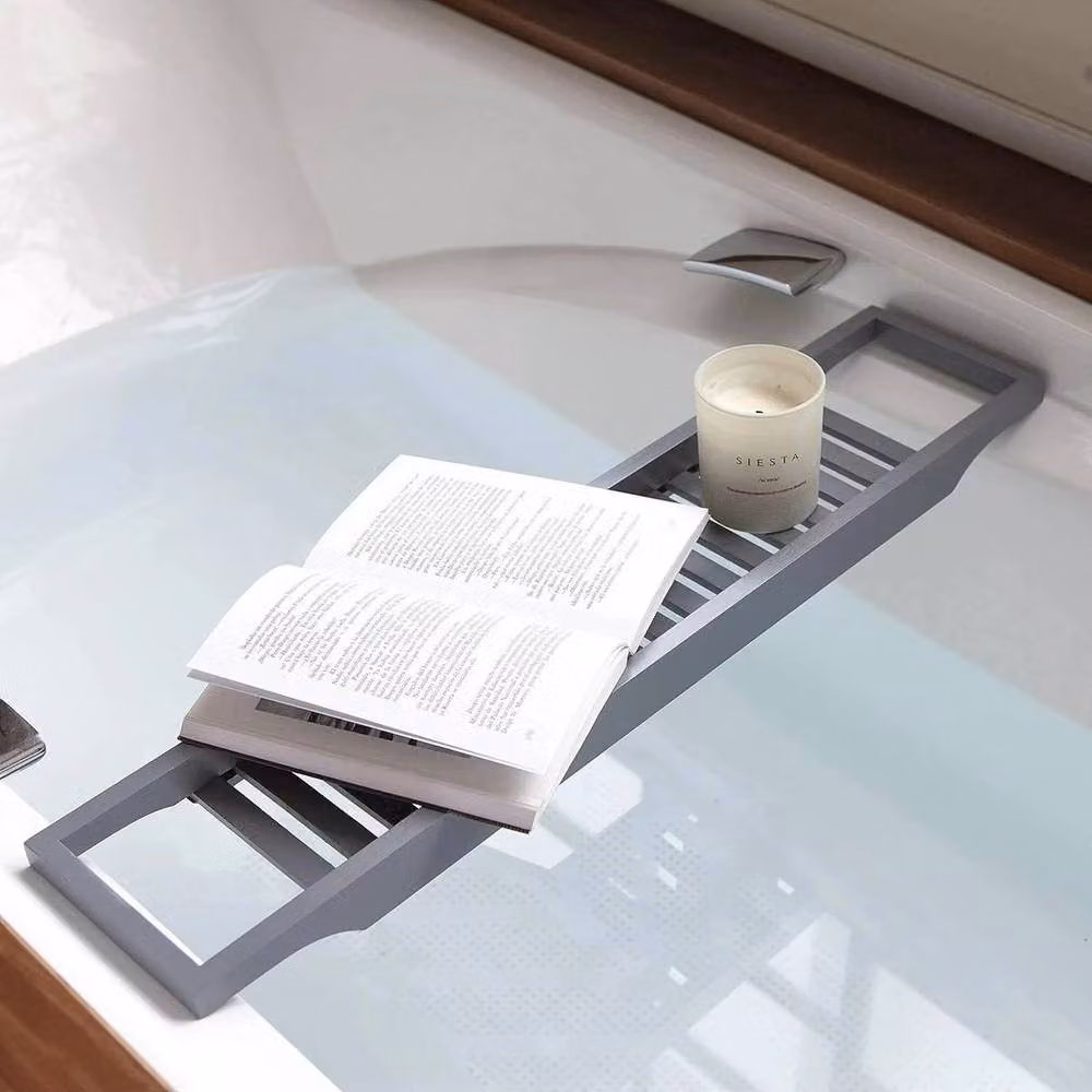 FLAVORA Slimline Bamboo Bath Bridge Rack Caddy Shelf in Grey, W: 100 cm, D: 15 cm – 2