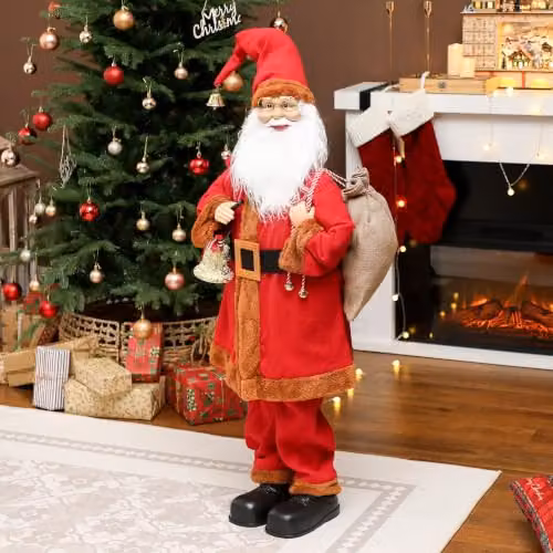 HOMCOM Musical Animated Santa Claus in Red and Gold with Music, Bell and Sack, Height: 120 cm – 7
