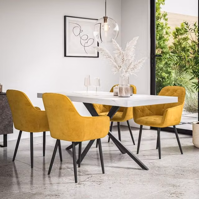 More4Homes Donni Dining Table and Anika Velvet Dining Chair Set of 6, White Marble Effect Table Top with Black Legs and Mustard Yellow Chairs