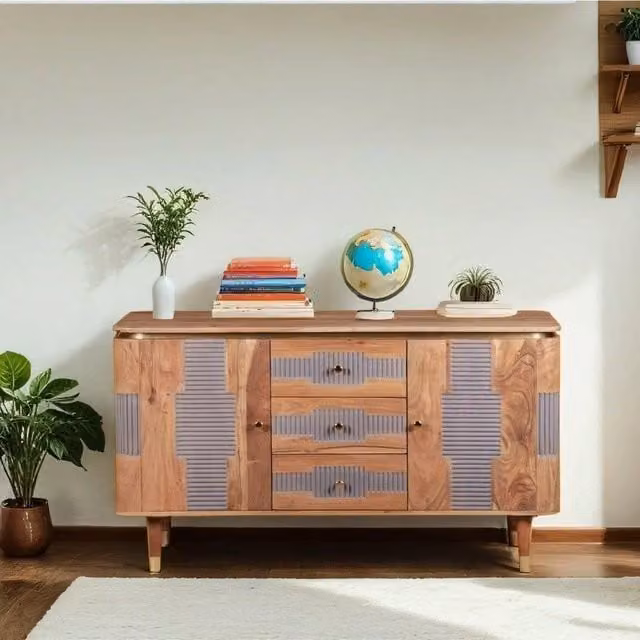 IH Design Alicia Acacia Wood Sideboard in Grey with 2 Doors and 3 Drawers, W: 140 cm, H: 80 cm – 1