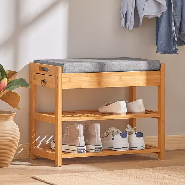 SoBuy 2 Tier Bamboo Shoe Rack with Grey Fabric Seat Cushion in Brown