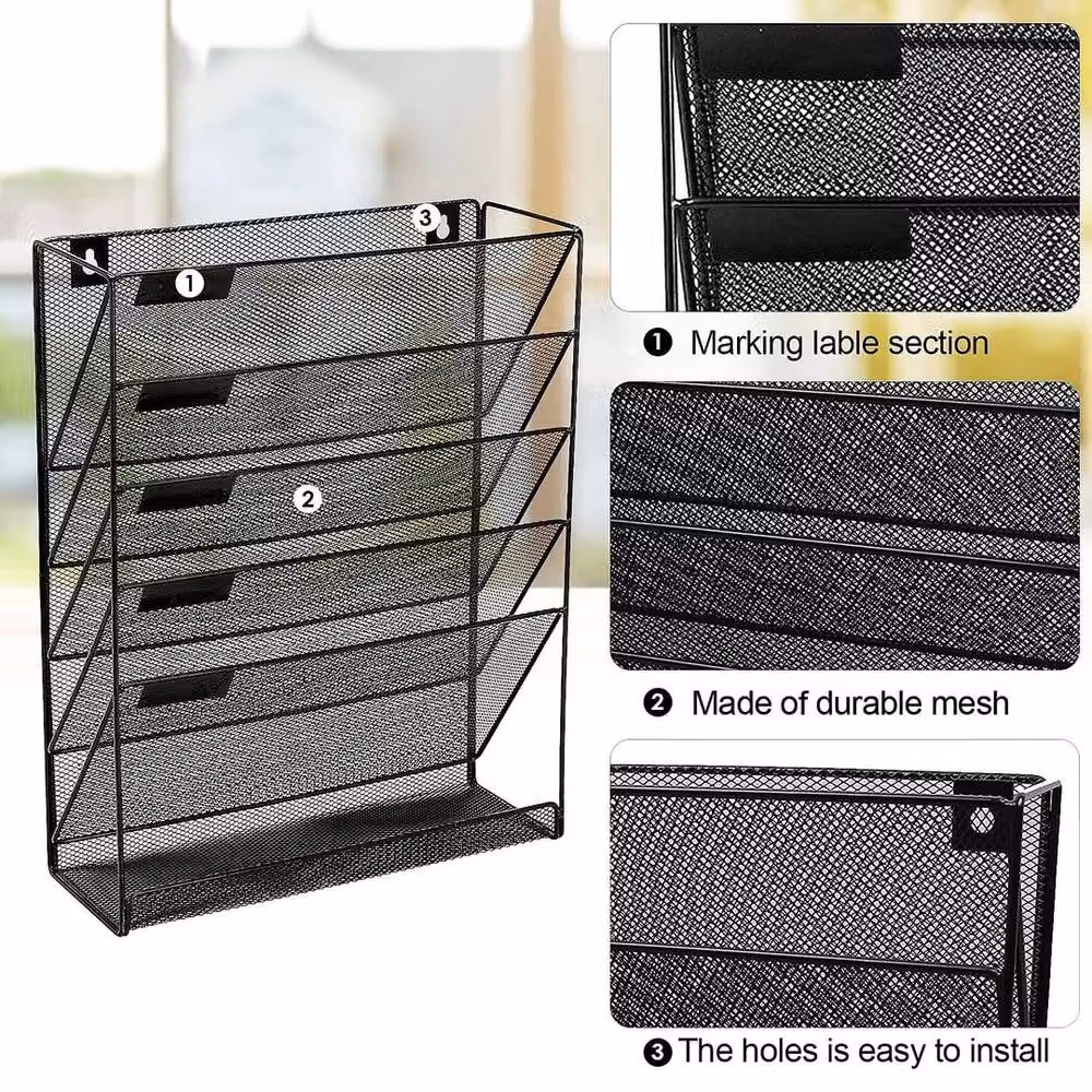 NESTLUNE 6 Tier Metal Office Filing Trays and A4 Letter Rack Desk Organiser in Black – 6