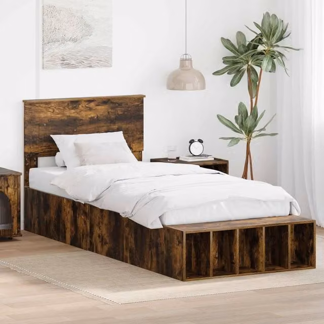 Berkfield Home Modern Bed Frame with Bedside Shelf in Smoked Oak Brown, W/D/H: 100 x 200 cm