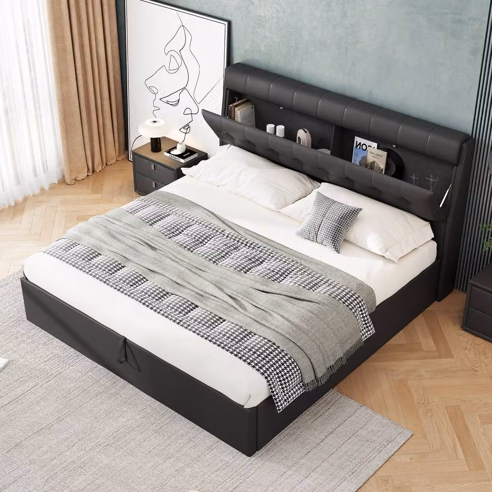 ModernLuxe Upholstered King Size Bed with Hydraulic Storage and Headboard in Black Synthetic Leather W/D/H: 150 x 200 x 50 cm – 5
