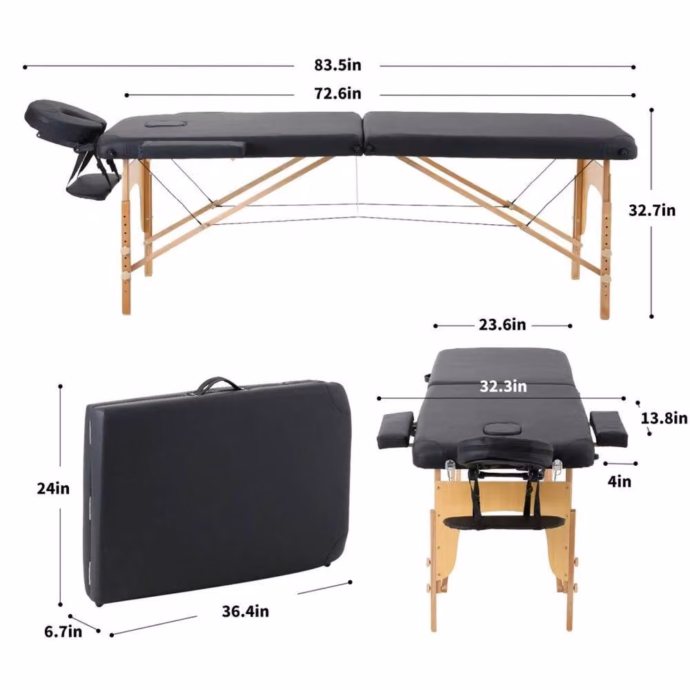 Hinsinc Portable Folding 2-Section Wood Massage Table in Black, Width: 60 cm – 2
