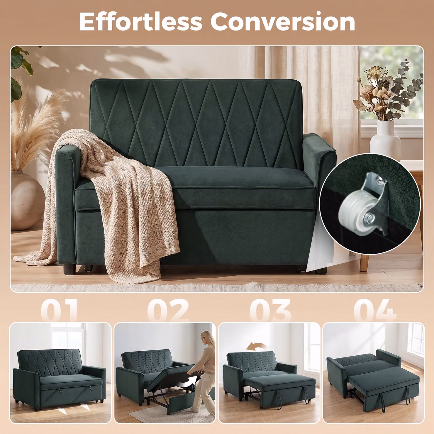 HOMCOM 2 Seater Convertible Velvet Sofa Bed with Click-Clack Adjustable Backrest, Dark Green – 4