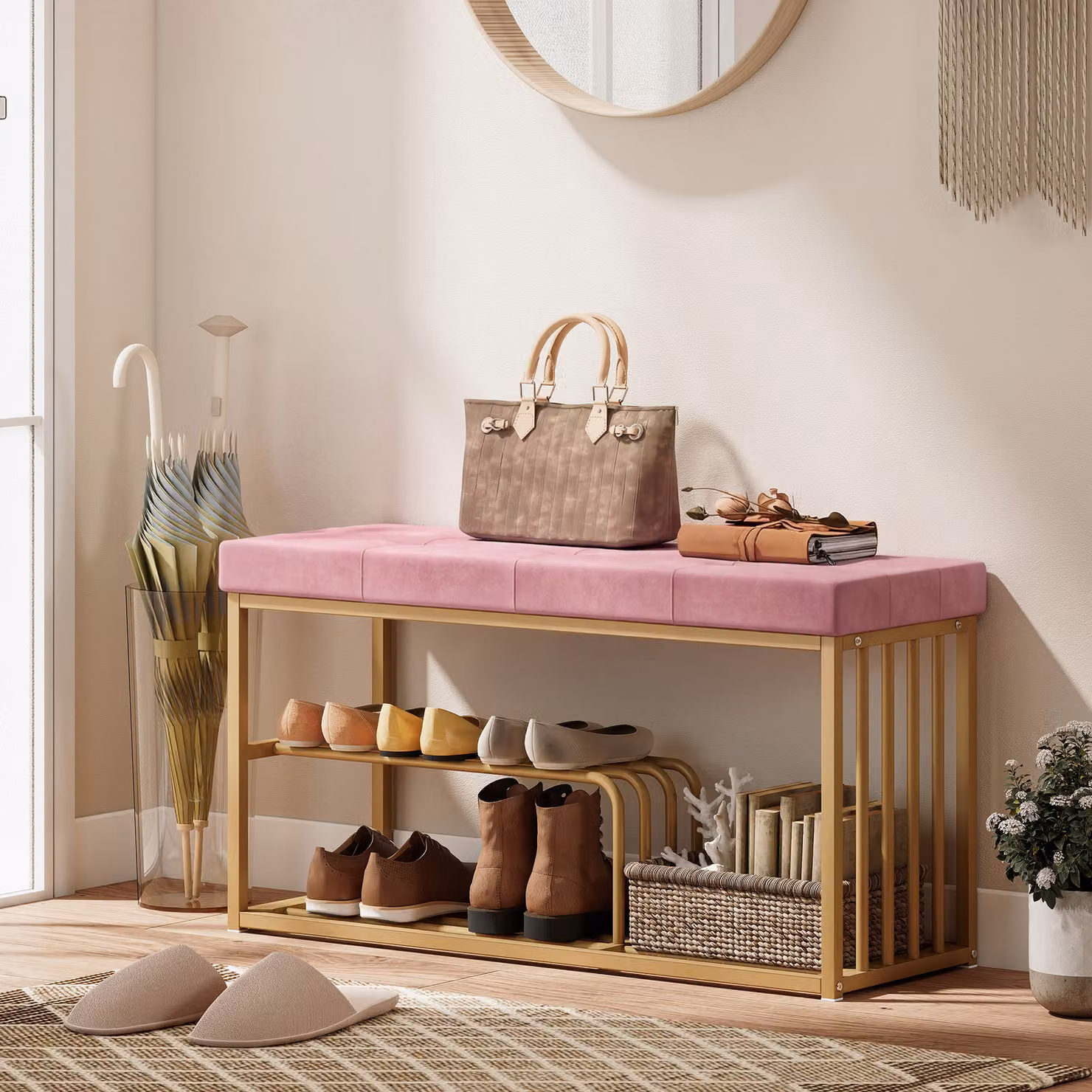 HOMCOM Pink Velvet Tufted Shoe Storage Bench with Gold Metal Frame – 2