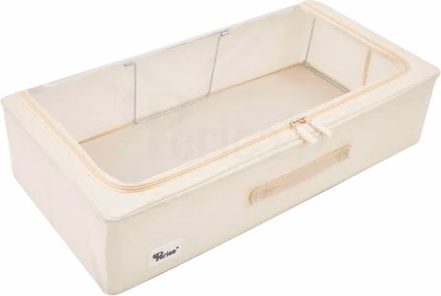 Periea Foldable Underbed Storage Box with Metal Frame and Mesh, Beige and Yellow, 25l