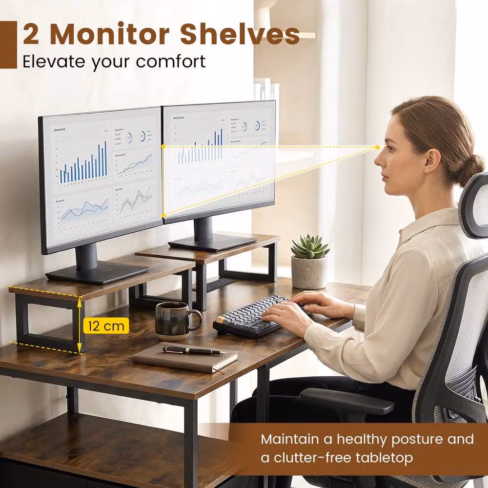 Gymax Industrial Writing Desk with Power Outlets and 2 Monitor Shelves in Brown – 4