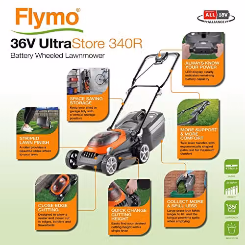 Flymo UltraStore 340R 36V Cordless Lawnmower Kit in Orange and Grey with 34cm Cutting Width, 35L Grass Box, Rechargeable Battery and Charger – 6