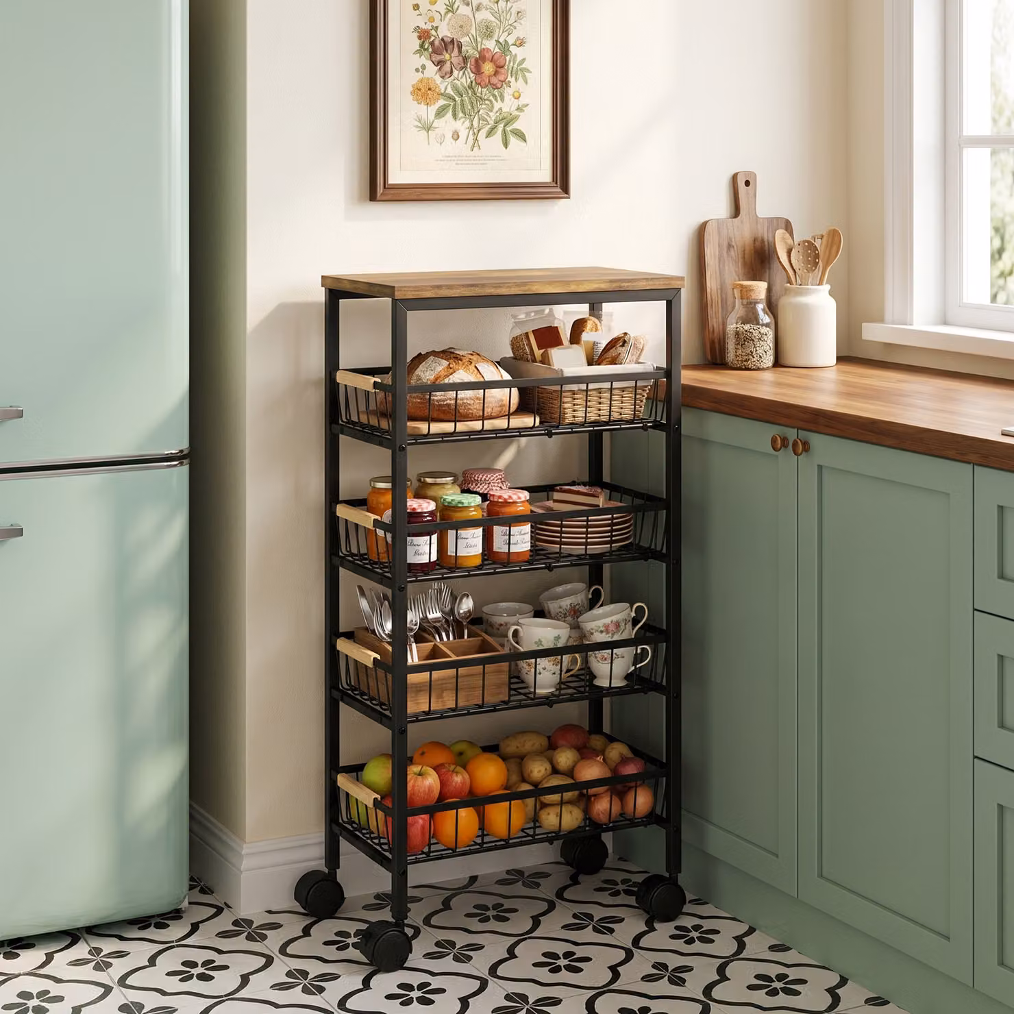 HOMCOM 4-Tier Metal Kitchen Trolley with Pull-Out Baskets and Swivel Casters, Rustic Brown – 2