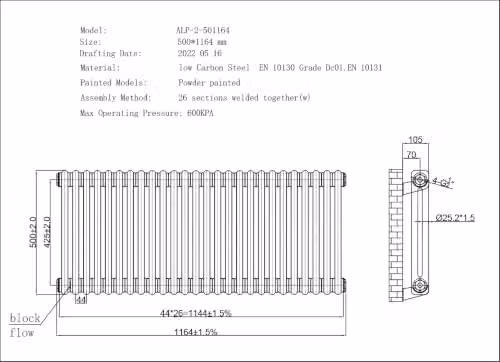 UK Radiators Black Horizontal 2 Column Steel Radiator H500mm x W1164mm – 4