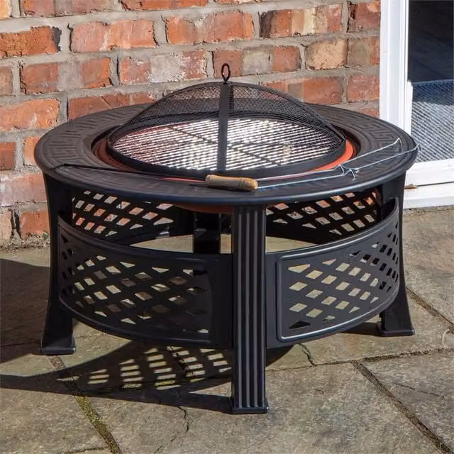 SPETLEK Black Steel Garden Patio Firepit with Cover, W: 80 cm, D: 58 cm