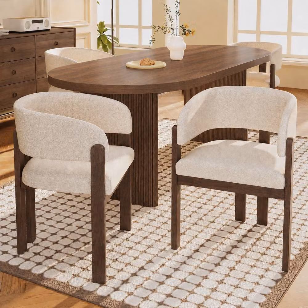 Merax Set of 4 Beige Bouclé Fabric Dining Chairs with Solid Wood Legs – 3