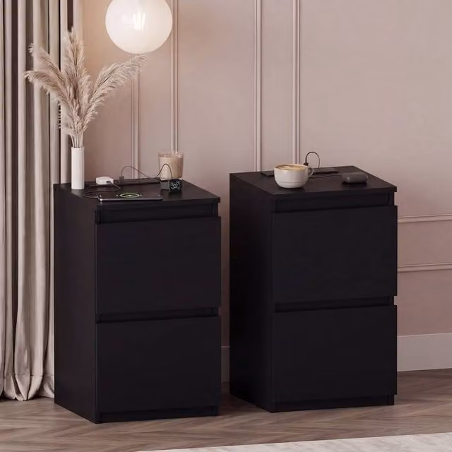 Vida Designs Denver Set of 2 Black 2 Drawer Bedside Chests with Power Outlet
