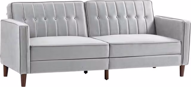 HOMCOM Modern Convertible Velvet-Touch Tufted Sofa Bed in Light Grey