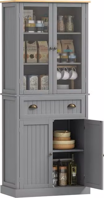 HOMCOM Grey Freestanding Tall Kitchen Pantry Cupboard with Glass Doors and Adjustable Shelves, Height: 180 cm