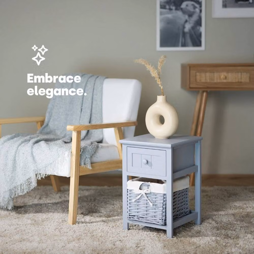 PAWNORA Grey Shabby Chic Bedside Table with Rattan Wicker Basket Drawer – 3