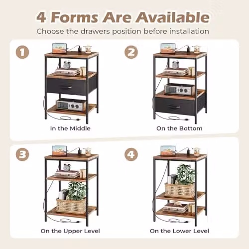 Xample Duffy Side Table with Charging Station, 3-Tier Narrow Bedside Table with Drawer and Media Compartments, Rustic Brown and Black – 7