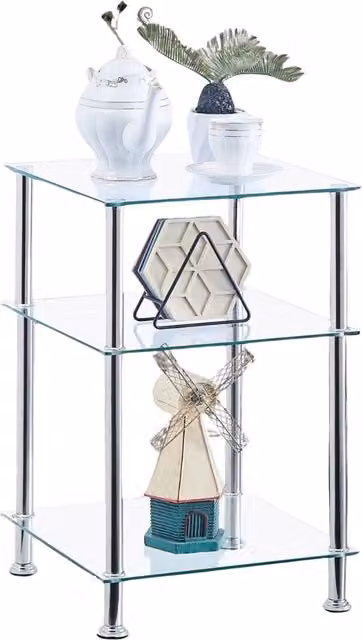 Pirlo Plush 3 Tier Tempered Glass Side Table in Silver and Transparent, W/D/H: 40 x 40 x 61 cm