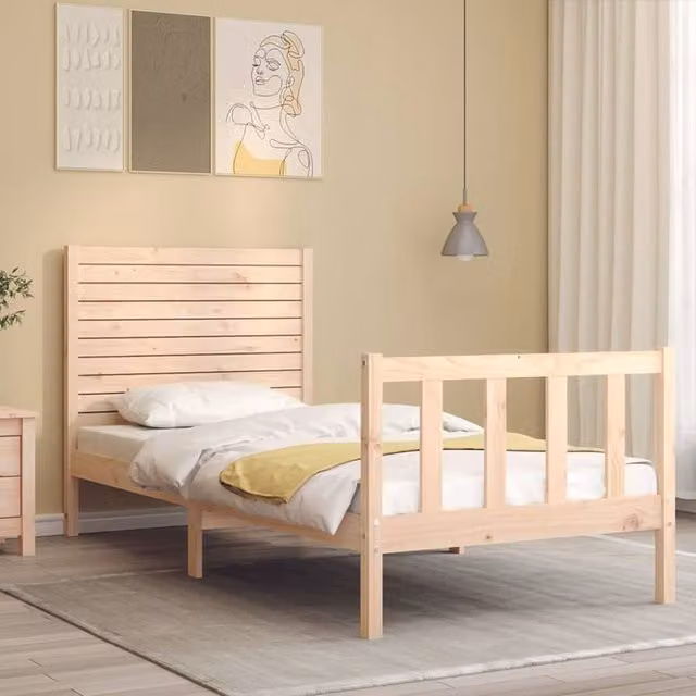 Berkfield Home Beautiful Single Solid Wood Bed Frame with Headboard in Beige, W/D/H: 90 x 190 cm – 1