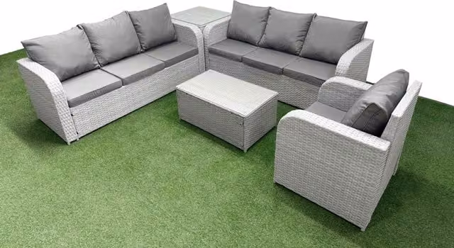 Fimous 7 Seater Poly Rattan Garden Furniture Set in Light Grey with 3 Seater Sofa, 3 Reclining Chairs, and Side Table
