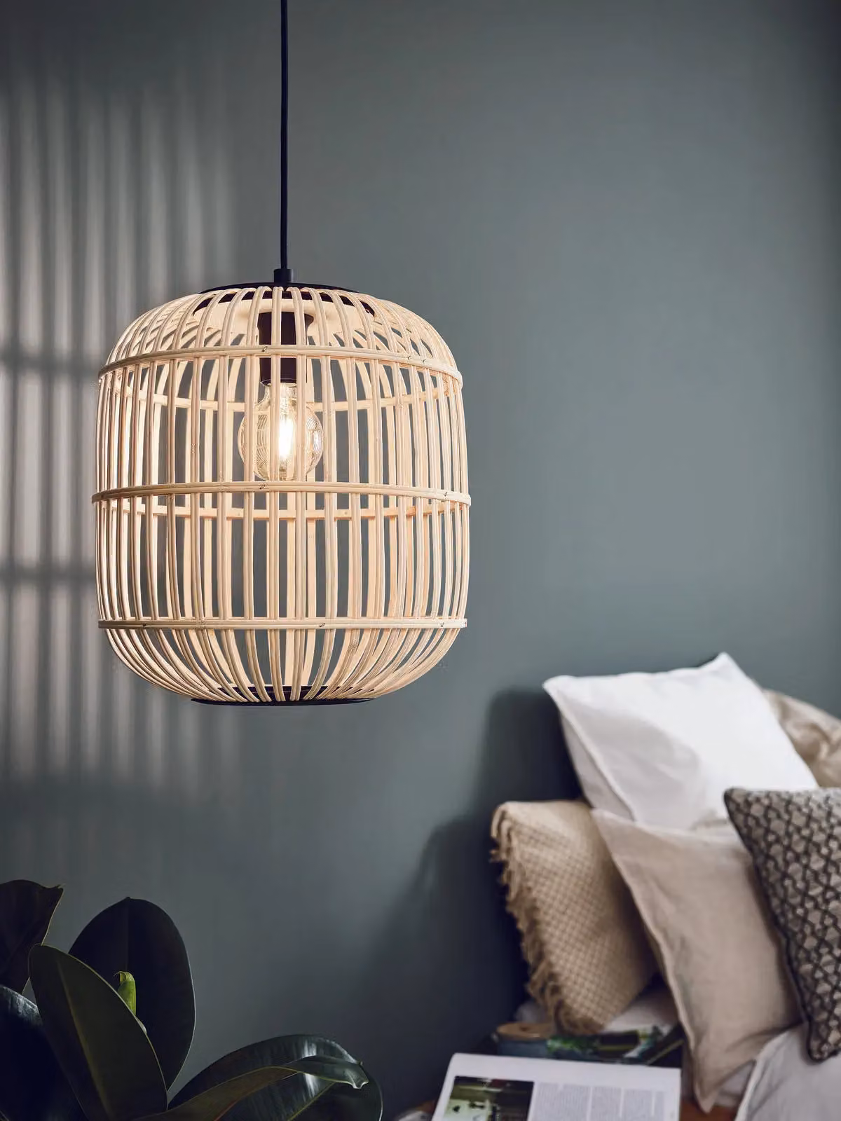 Loops Black and Beige Wicker Hanging Ceiling Pendant Light with Metal Rattan Cage and E27 Socket – 2