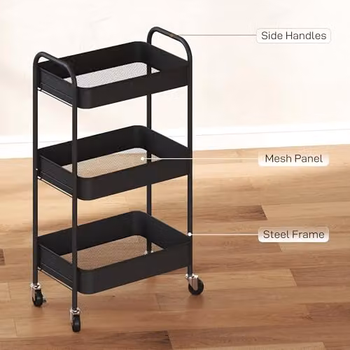 HOMCOM 3-Tier Rolling Utility Storage Trolley with Mesh Baskets, Black, W: 45.0 cm, D: 30.6 cm, H: 79.0 cm – 4