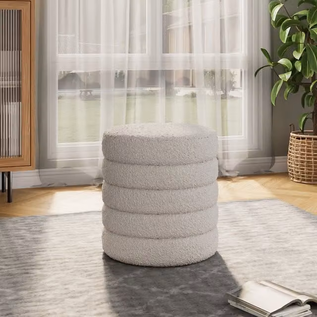 Lifeideas Stacked-Ring Style Bouclé Storage Ottoman in Beige and White