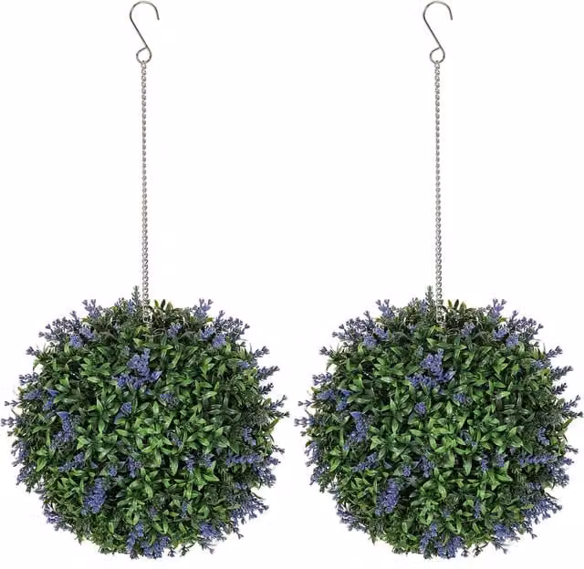 HOMCOM Set of 2 Purple Artificial Lavender Topiary Balls, UV-Protected Faux Round Floral Plants for Indoor and Outdoor Decor, Diameter: 27 cm