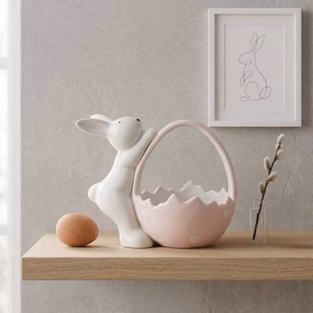 Garden Greatness Pink and Multicolour Ceramic Springtime Bunny Basket Tabletop Ornament