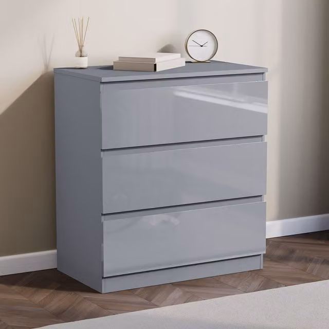 Vida Designs Glinton High Gloss 3 Drawer Chest of Drawers in Grey