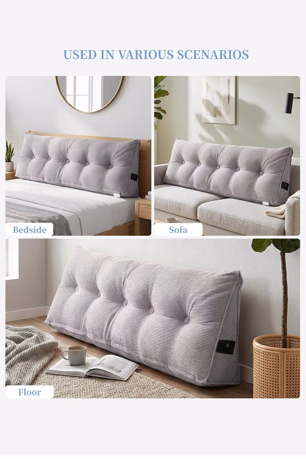 Garden Sanctuary Corduroy Wedge Headboard Pillow with Removable Cover in Light Grey – 2