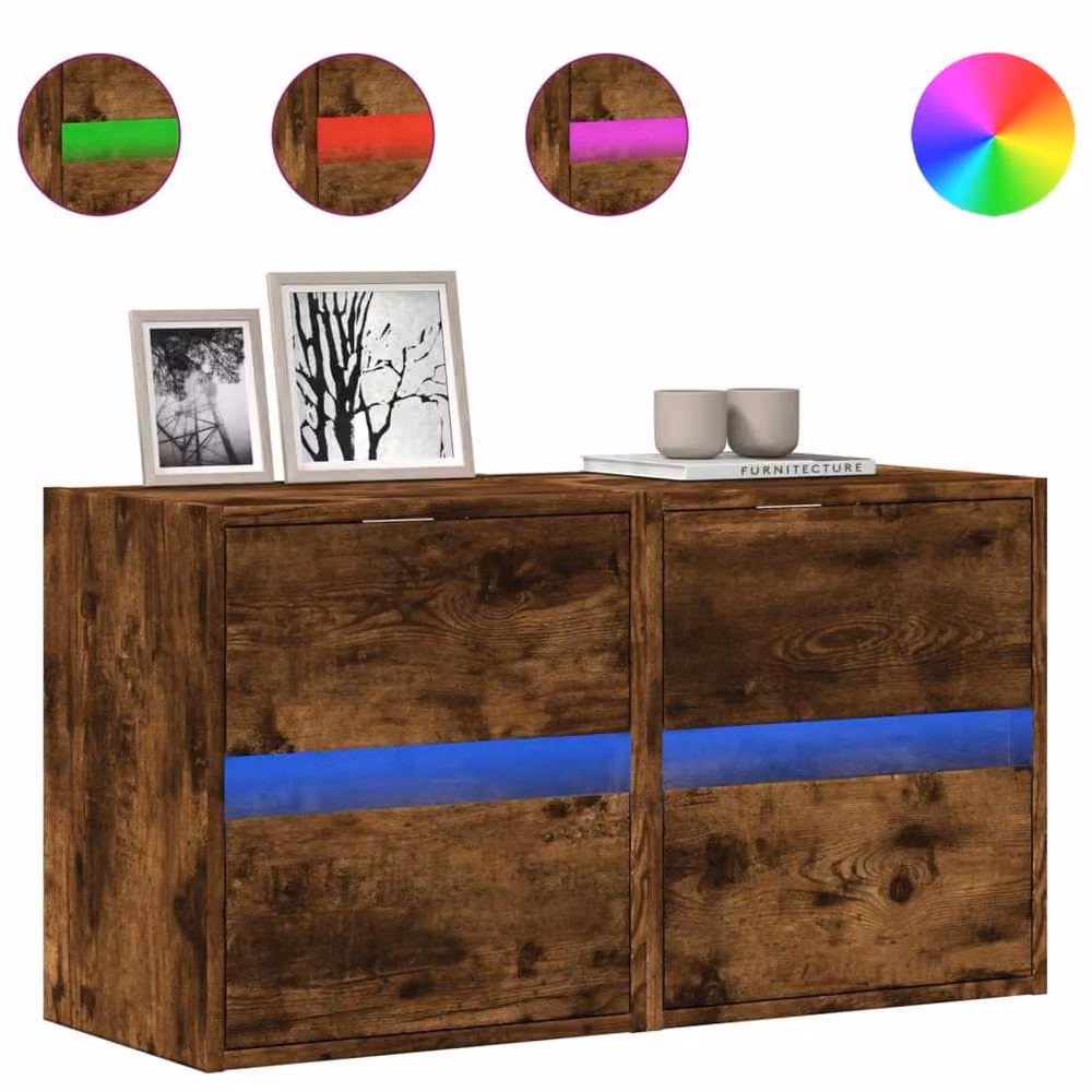 Berkfield Home Set of 2 TV Wall Cabinets with LED Lights in Smoked Oak Brown, W/D/H: 41 x 31 x 45 cm – 3