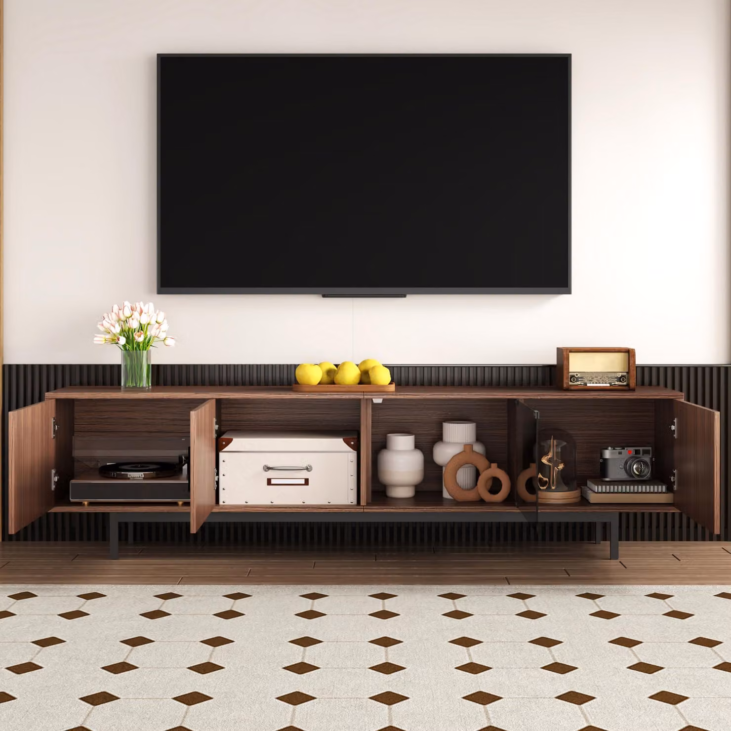 Aosom UK Modern TV Cabinet Lowboard with Carved Texture and Tempered Glass Doors in Wood, MDF and Metal, W: 200 cm, D: 35 cm, H: 53 cm – 4