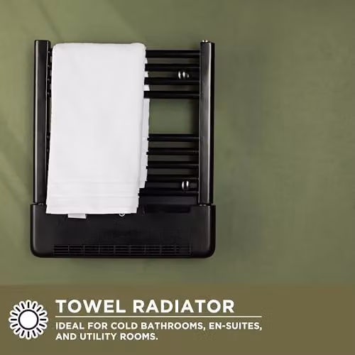 TCP 2-in-1 Towel Warmer and Room Heater, 500W Heated Rail with 1kW Blower, Wall-Mounted Electric Bathroom Radiator, Black – 4