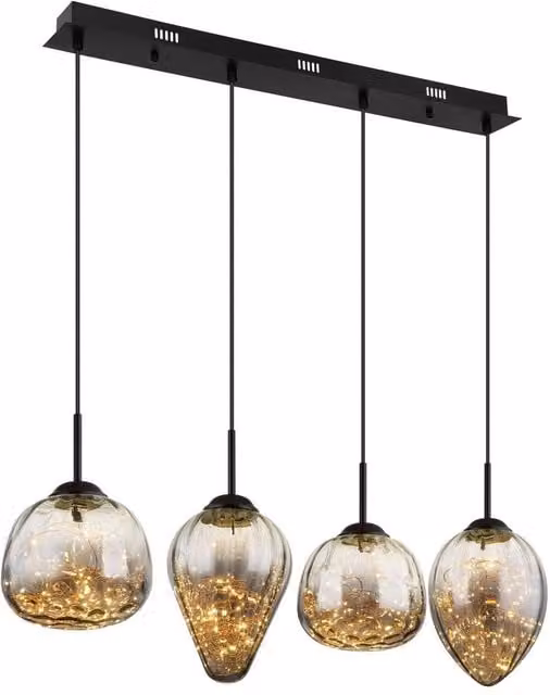 Netlighting Firefly Bar Pendant Light with Matt Black Metal and Smoke Glass Shade, 4x LED 3000K Warm White – 1