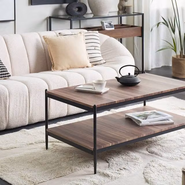 Wyld and Coco Home Industrial 2-Tier Coffee Table in Dark Brown Wood and Black Metal, W/D/H: 100 x 52 x 45 cm