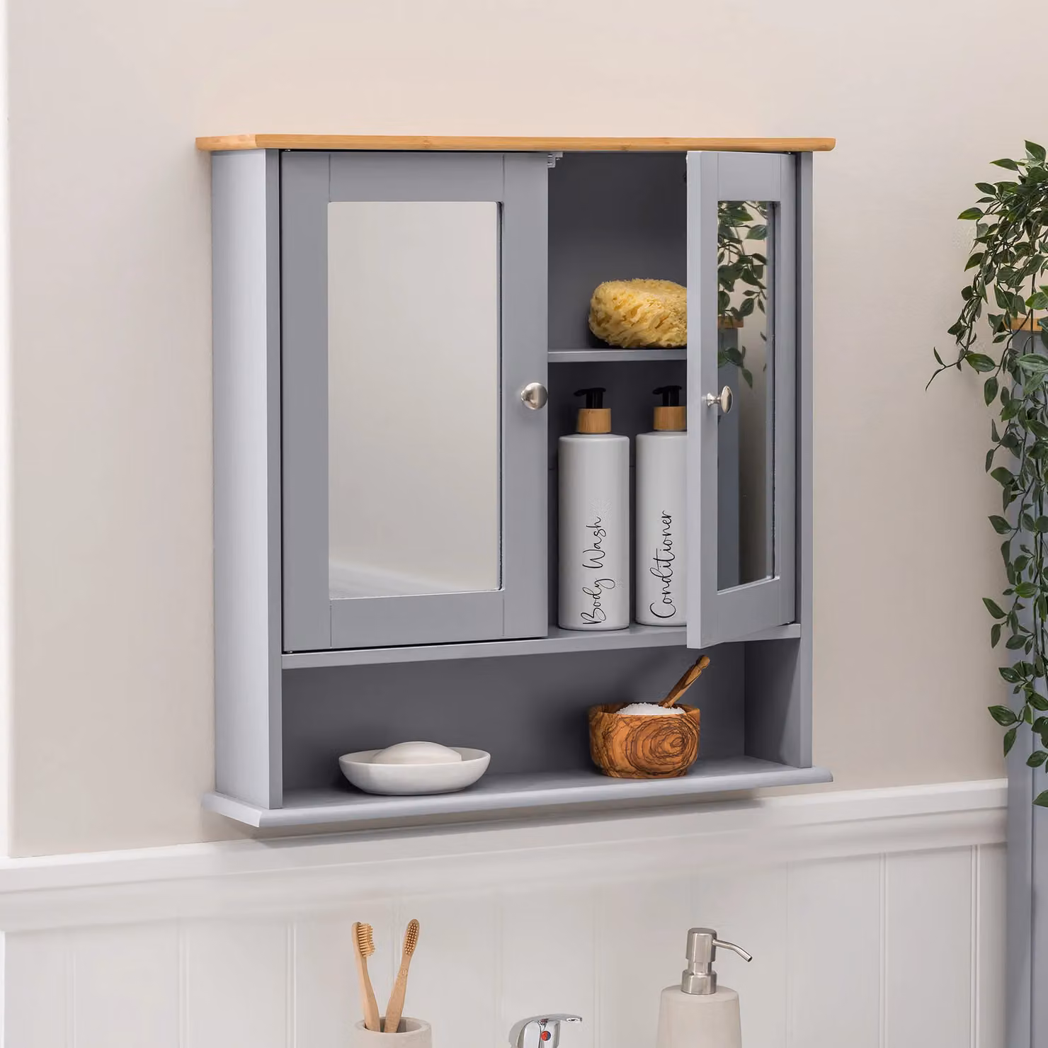 Christow Grey Wooden Double Mirrored Bathroom Cabinet, Wall Mounted Storage Unit, W/D/H: 58 x 13 x 56 cm – 2