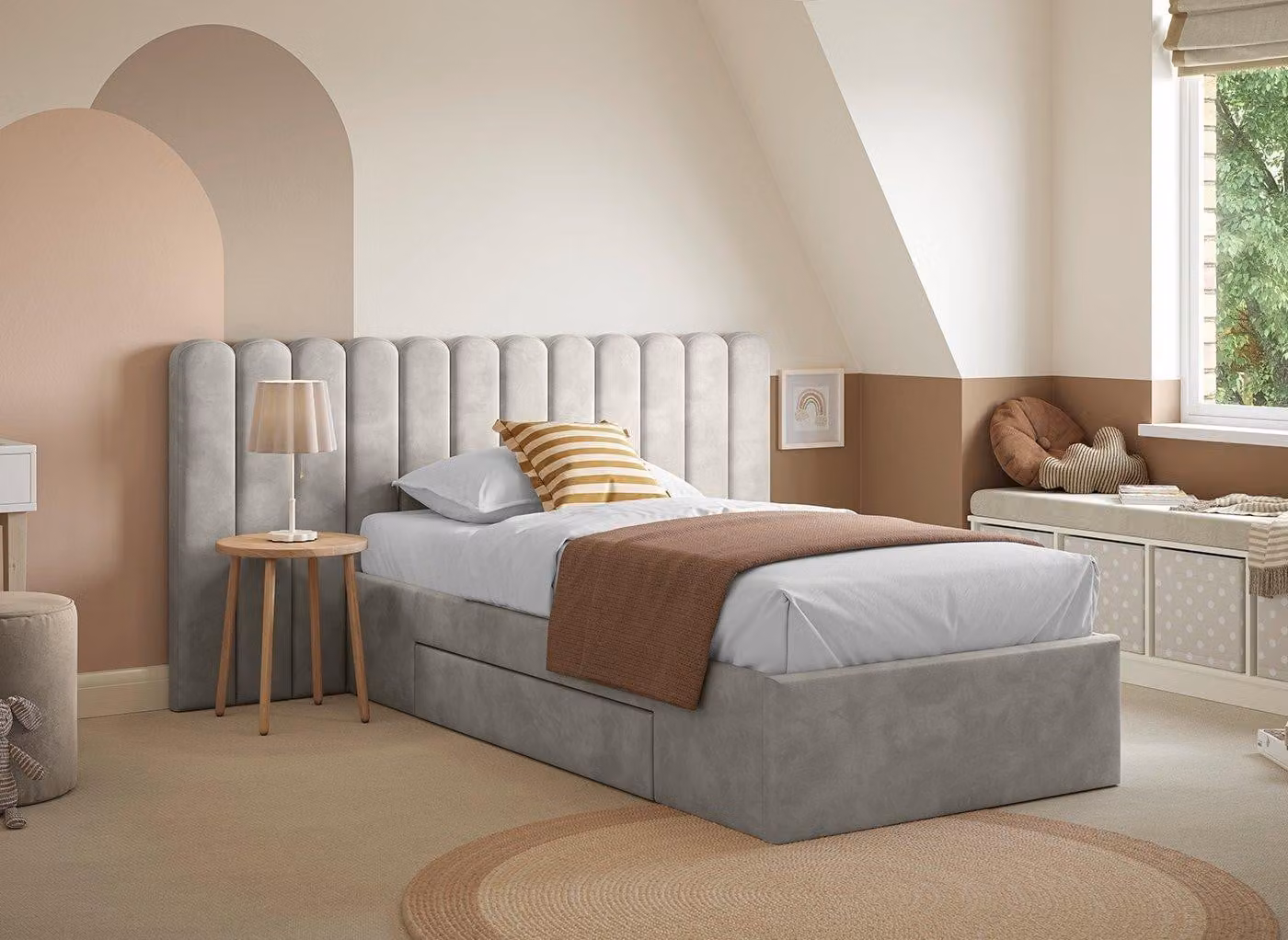 Dreams Callie Kids Upholstered Velvet Bed Frame with Drawers in Grey