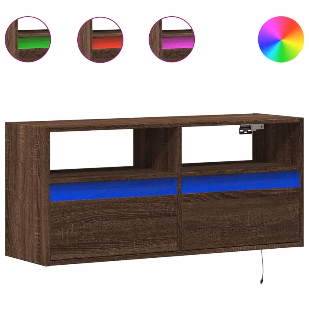 Berkfield Home Modern TV Wall Cabinet with LED Lights in Brown Oak, W: 100 cm, D: 31 cm, H: 45 cm – 2