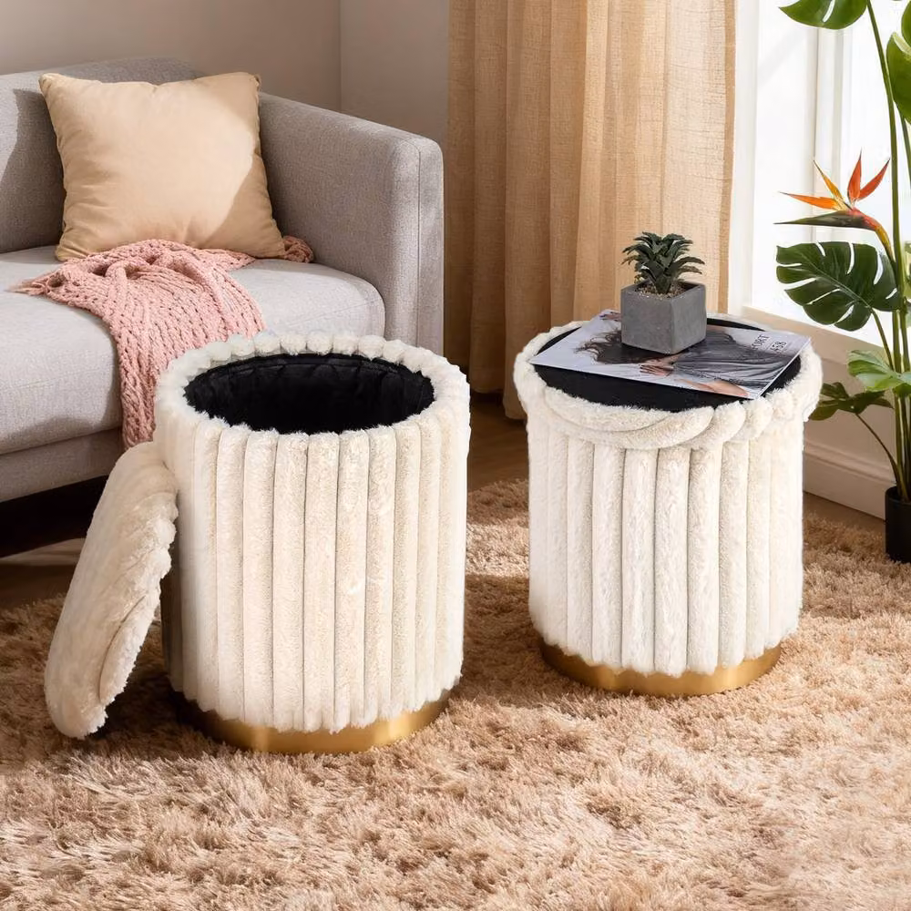 Costway Modern Set of 2 Cylindrical Fabric Ottomans with Detachable Lids in Cream White – 6