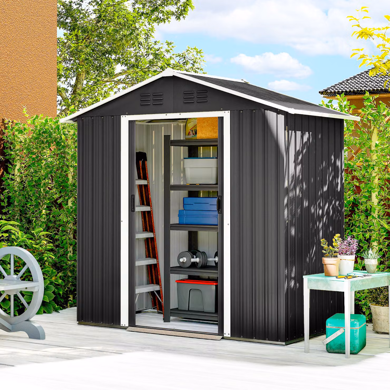 Outsunny Metal Garden Storage Shed in Dark Grey with Sliding Doors and Side Vent – 2