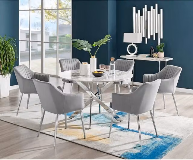 FurnitureboxUK Novara White Marble Effect Round Dining Table and 6 Calla Silver Leg Chairs in Grey