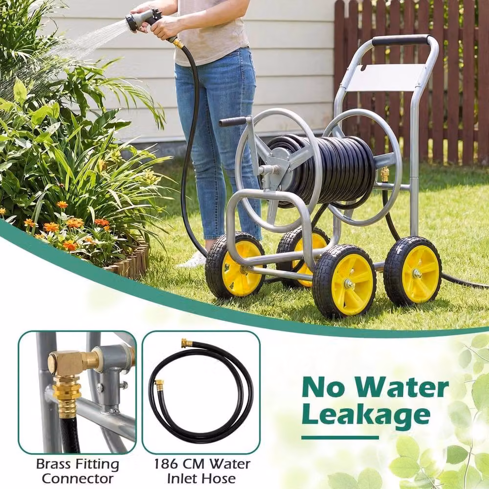 Kelvenix Freestanding Garden Hose Reel Cart with 4 Wheels in Silver – 5