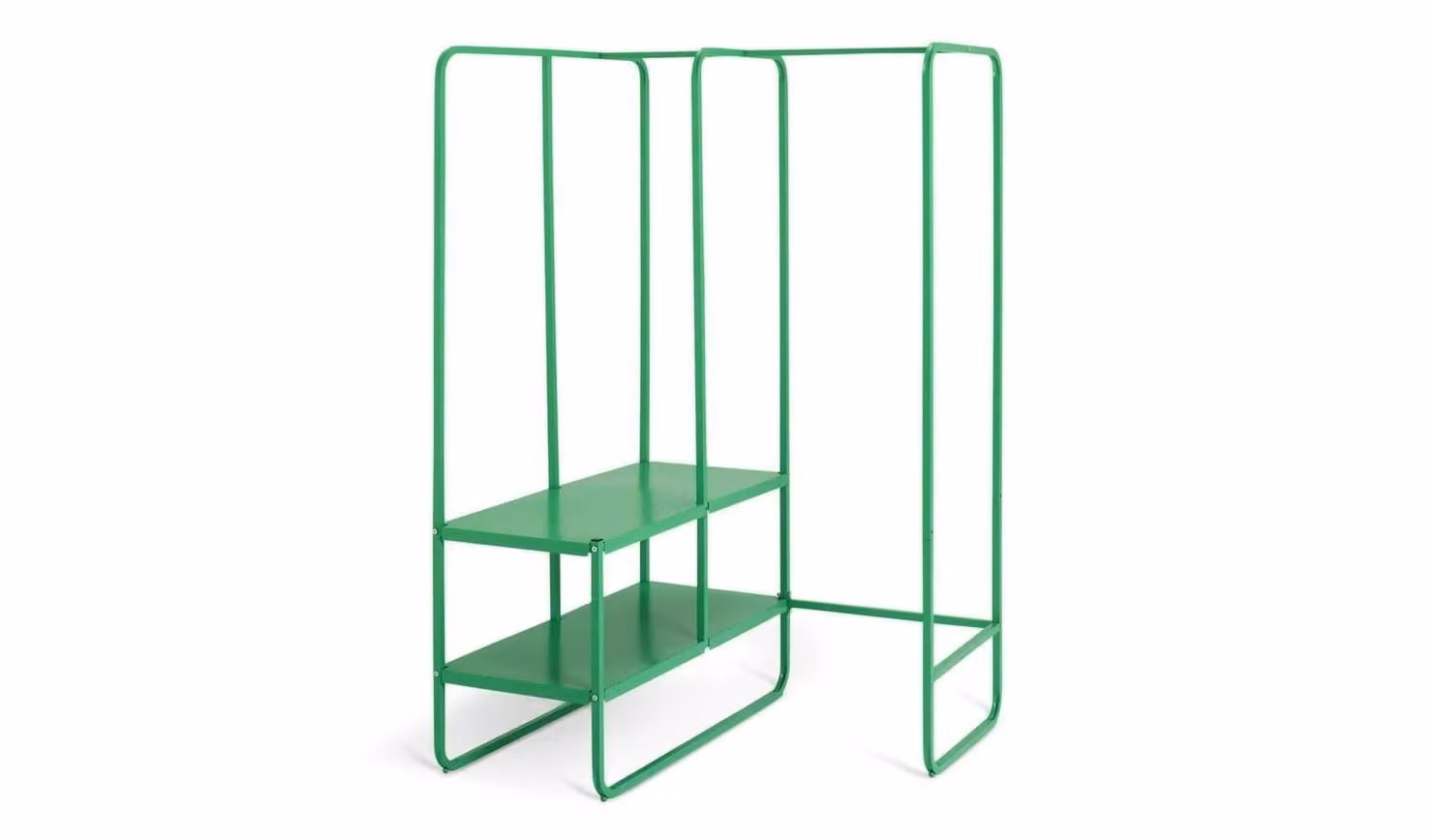 Lorelei Green Metal Corner Clothes Rail with 2 Shelves and Hanging Rod
