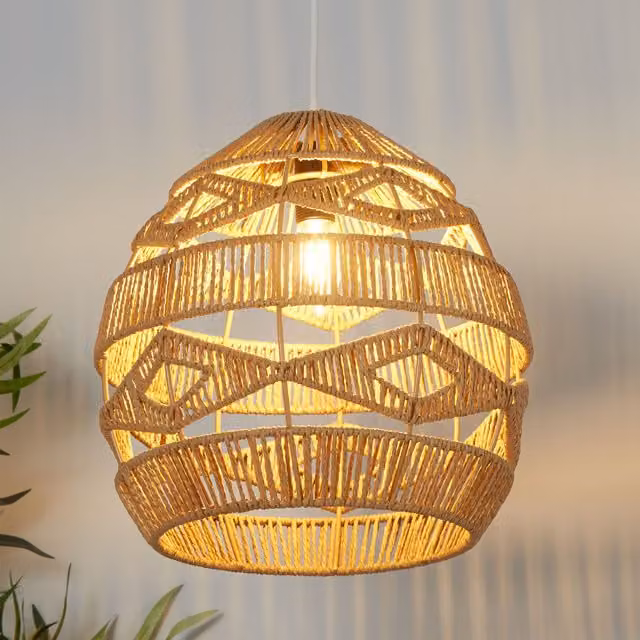 Lighting Collection Woven Rattan Easy Fit Dome Pendant Lamp Shade in Beige