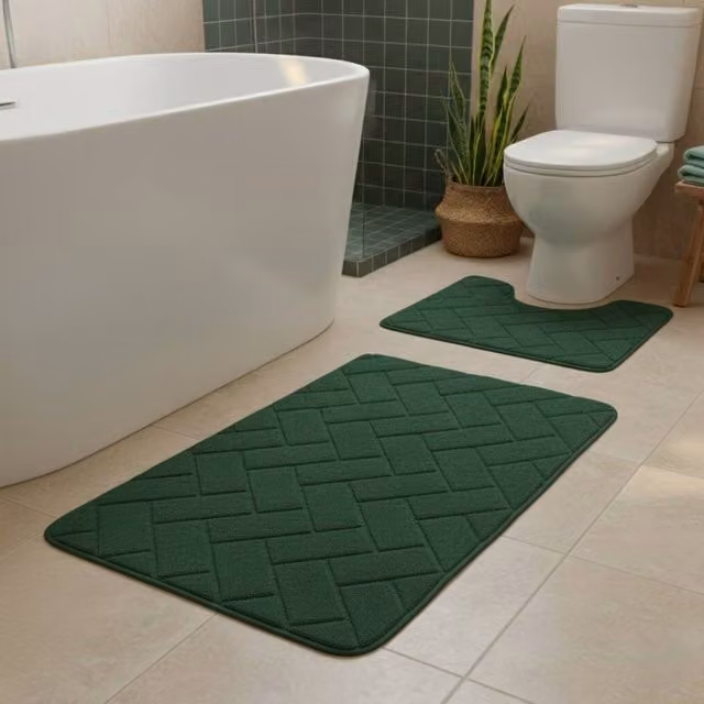 Snug City City Block Design Memory Foam Bath Mat Set in Green, W: 80 cm x D: 50 cm