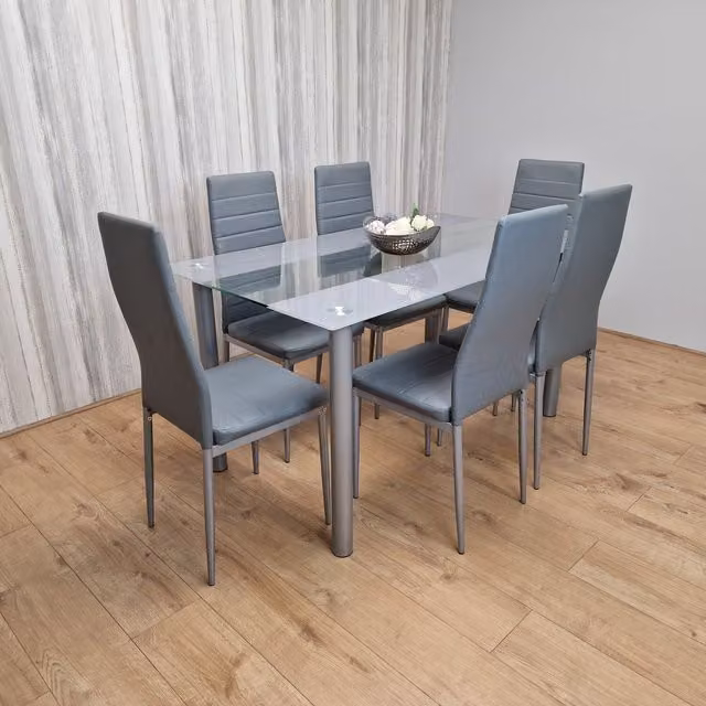 Kosy Koala Modern Grey Glass Rectangular Dining Table and 6 Striped Leather Chairs