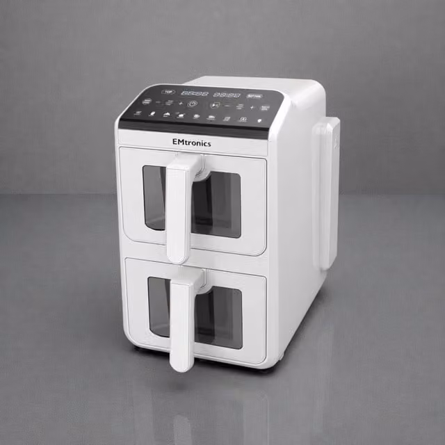 EMtronics 8 Litre Double Basket Air Fryer in White and Stainless Steel